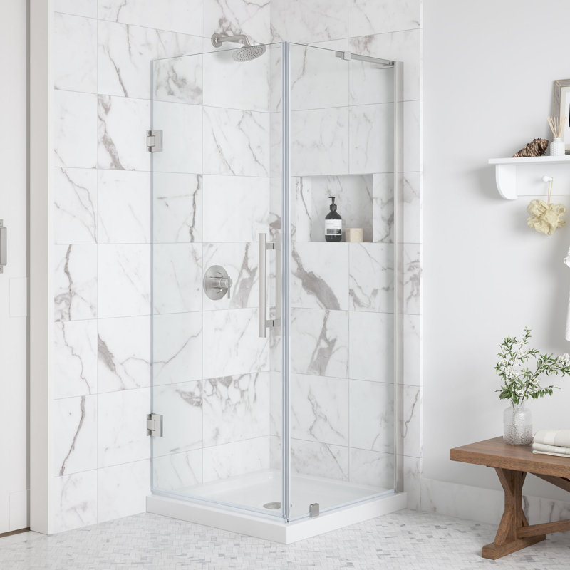 OVE Breeze Pivot 32 in. W x 32 in. D x 74 3/4 in. H Corner Frameless Hinge Shower Door Kit in Satin Nickel with Base Pan