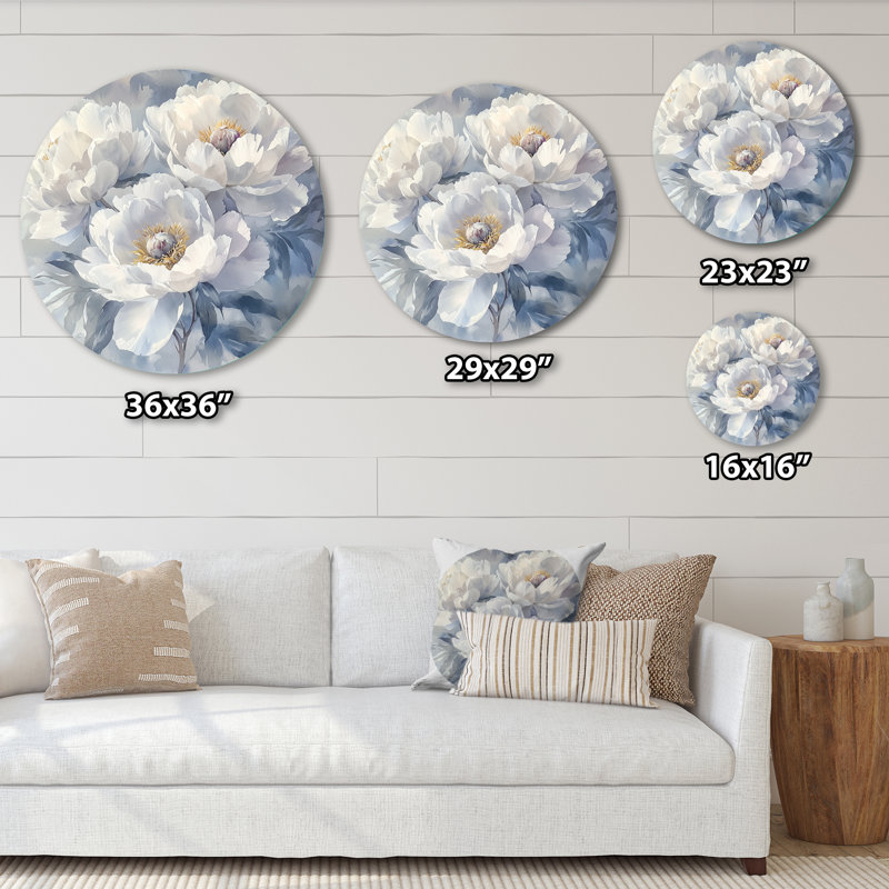 Décoration murale pivoines givrées I - pivoines rondes en métal, H 16 po x l 16 po