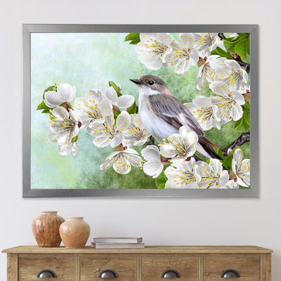 Oiseau gris sur une branche d'un arbre en fleurs - Peinture sur toile
