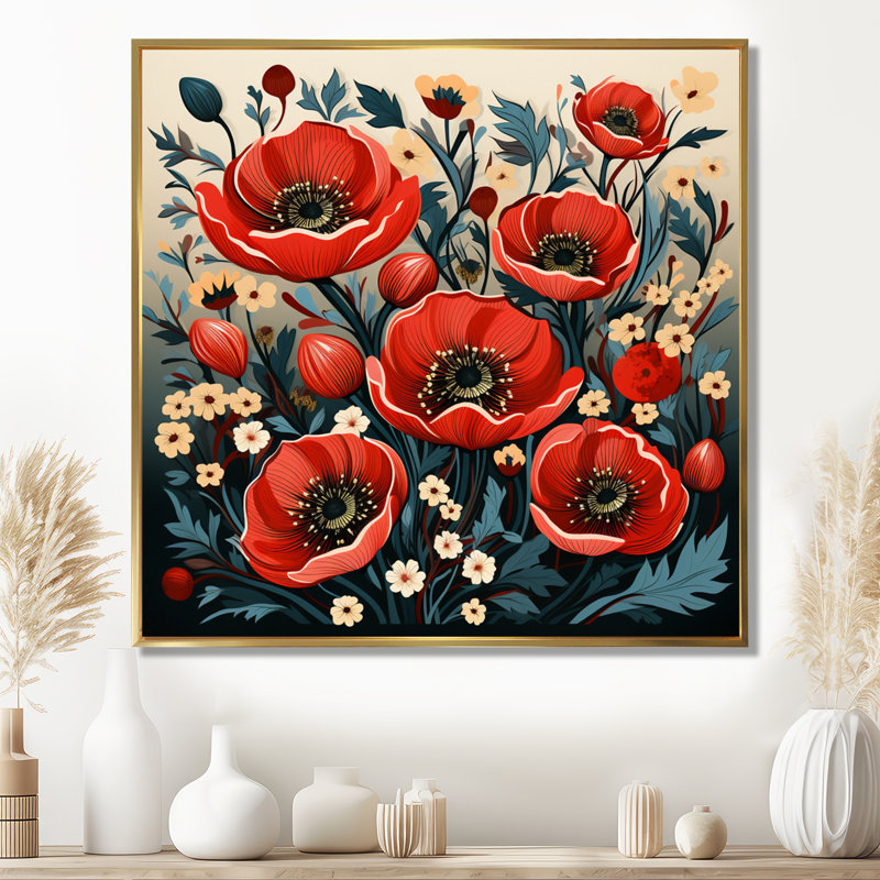 Swanage - coquelicot, art mural, Toile dorée avec cadre flottant, H 30 po x l 30 po
