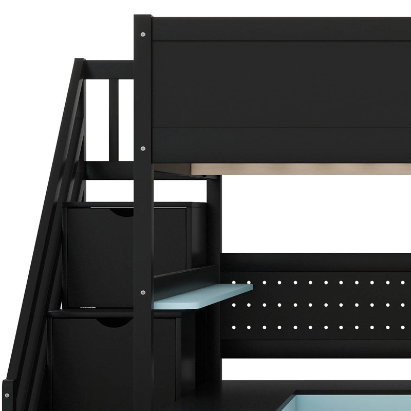 Lit mezzanine en bois avec escalier de rangement, bureau, tablettes et panneau perforé, style Esports peu encombrant pour adolescents et adultes