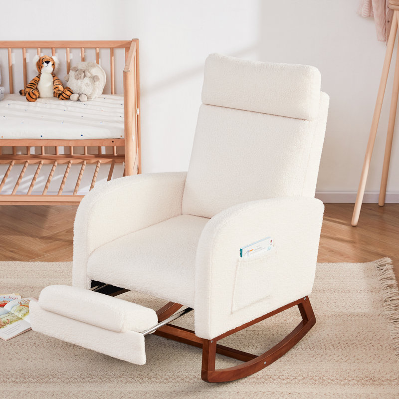 Chaise berçante en bois massif avec repose-pieds, chaise de chambre de bébé rembourrée avec dossier haut et poche latérale