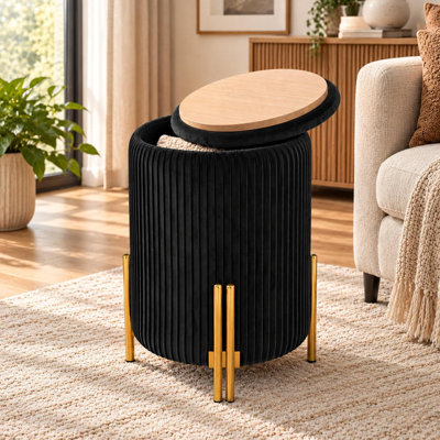 Round Velvet Storage Ottoman With Reversible Tray Lid And Metal Legs