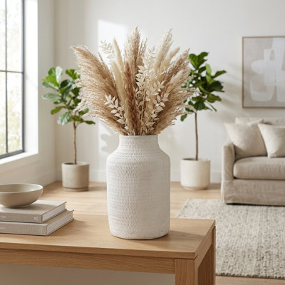 Modern Hammered Paper Mache Table Vase for Home or Office Decor - Decorative Textured Tall Vase for Living Room Flower Decoration - Ivory & White