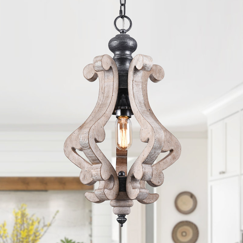 Ambrose 1-Light 12.6" Rustic Distressed Wood Dimmable Chandelier, Wooden Farmhouse Chandelier Geometric Wood Chandelier
