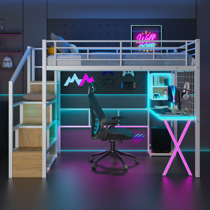 Metal Loft Bed with Built-in Work Station, Wardrobe, Storage Staircase and LED, White, Full