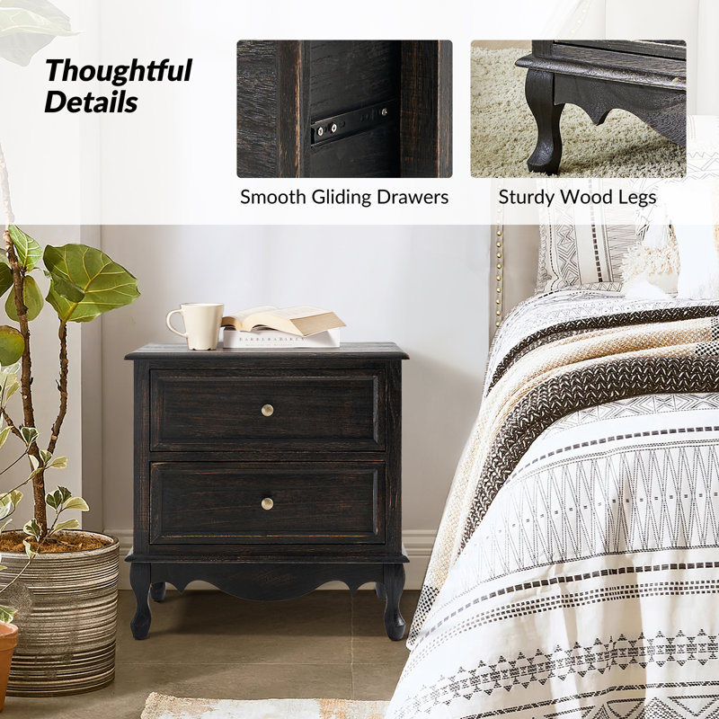 Hippe 61cm H Transitional 2 - Drawer Bedside Table with Wood Legs and Charging Station Space, Charcoal