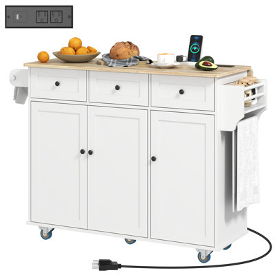 Rolling Kitchen Island with Charging Station and Drop Leaf, 53" Island Table with Wood Top, 3 Drawers, Adjustable Shelf, Spice & Towel Rack, Kitchen C by Winston Porter