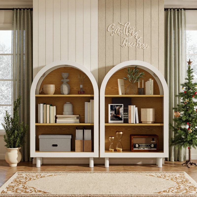 Petite bibliothèque arquée avec 2 armoires de rangement en bois à 3 niveaux pour l'organisation de la maison
