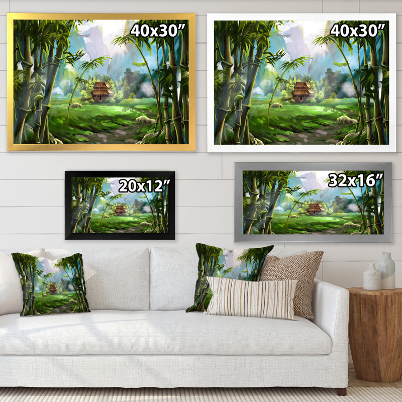 «The House In Bamboo Forest», reproduction sur toile, H 24 po x l 32 po, Cadre photo doré