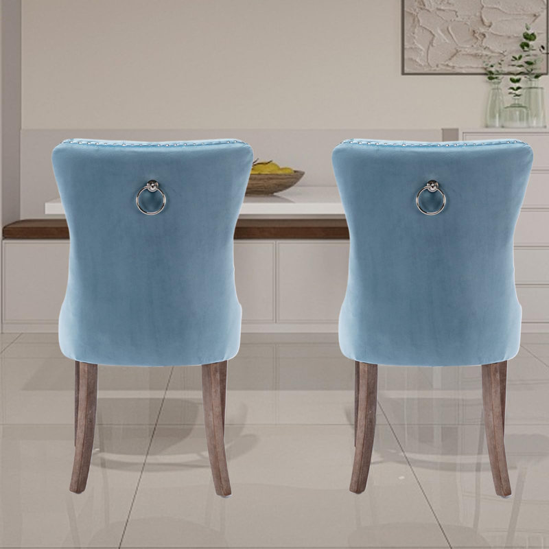 Chaise de salle à manger en velours avec anneau à dossier et pieds en bois massif, 2, Bleu ciel, Marron clair
