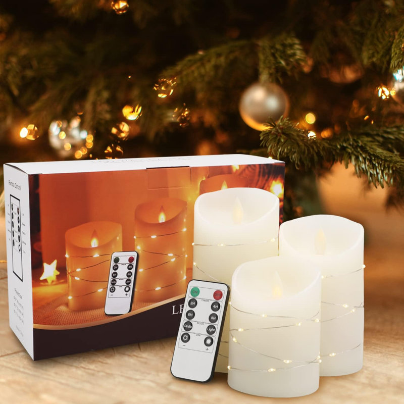 LED Candles 4" 5" 6" Set of 3 Real Wax Light with Embedded Fairy Lights Realistic Flickering Flame Battery Operated Lantern with Remote Control and Timer