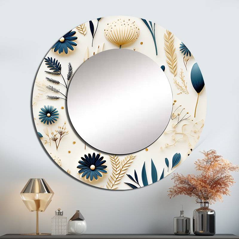 Décoration murale bleue et blanche à motif de fougères minimaliste - miroir rond floral_MTMIR123688, 29 po x 29 po