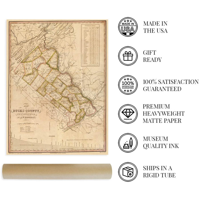 1831 Bucks County Pennsylvania Map, art mural, H 24 po x l 18 po x P 0,1 po