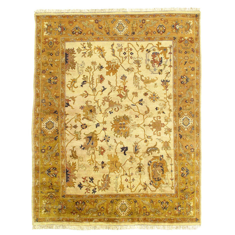 Tapis oriental jaune / beige en laine / coton 7 pi 11 po x 9 pi 11 po Oriental