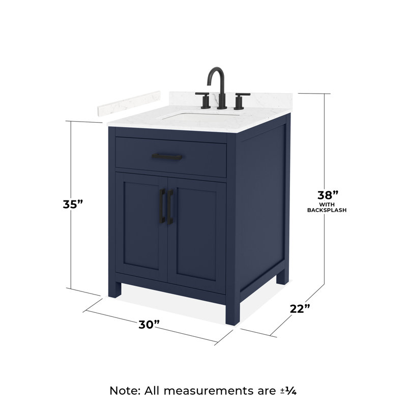 Meuble-lavabo simple 30 po Beckett, Bleu foncé avec bordure noir mat, Comptoir en marbre de culture de Carrare