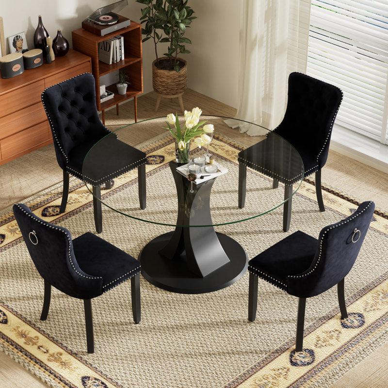 4-Piece Round Pedestal Dining Set, Black, 29.5" H x 47" W x 47" D, Clear