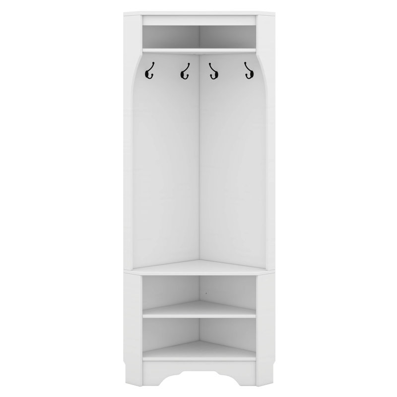 All In One Hall Tree, Corner Hall Tree With Shoe Bench, Corner Cabinet With Adjustable Shelf And 4 Hooks, White