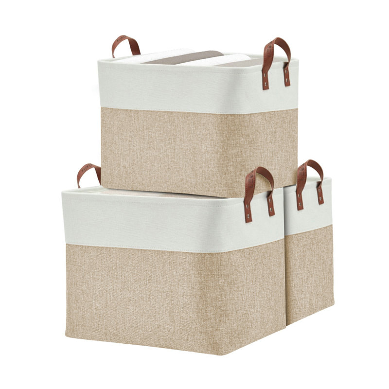 Foldable Storage Bin | Collapsible Sturdy Fabric Storage Basket Container W/Handles, Beige
