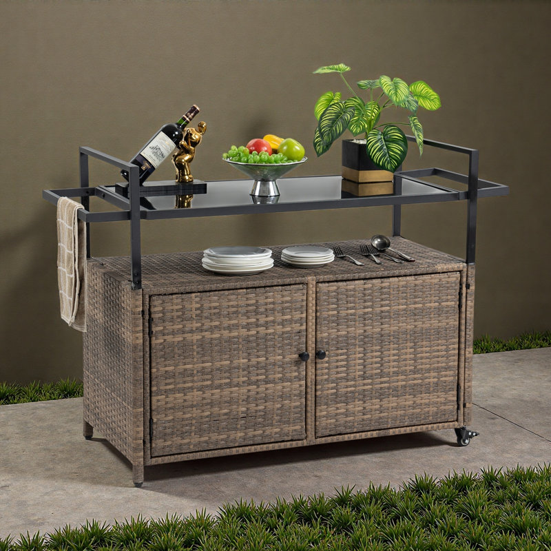 Outdoor Wicker Bar Cart, Patio Wine Serving Cart W/Wheels , Rolling Rattan Beverage Bar Counter Table W/Glass Top For Porch Backyard Garden Poolside Party