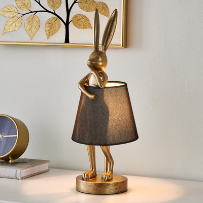 Lampe de table moderne en résine de lapin en laiton antique de 16 po pour la table de chevet de la chambre à coucher