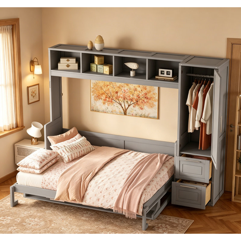 Grand lit escamotable avec placard et tiroirs, solution de rangement compacte et élégante pour les maisons modernes