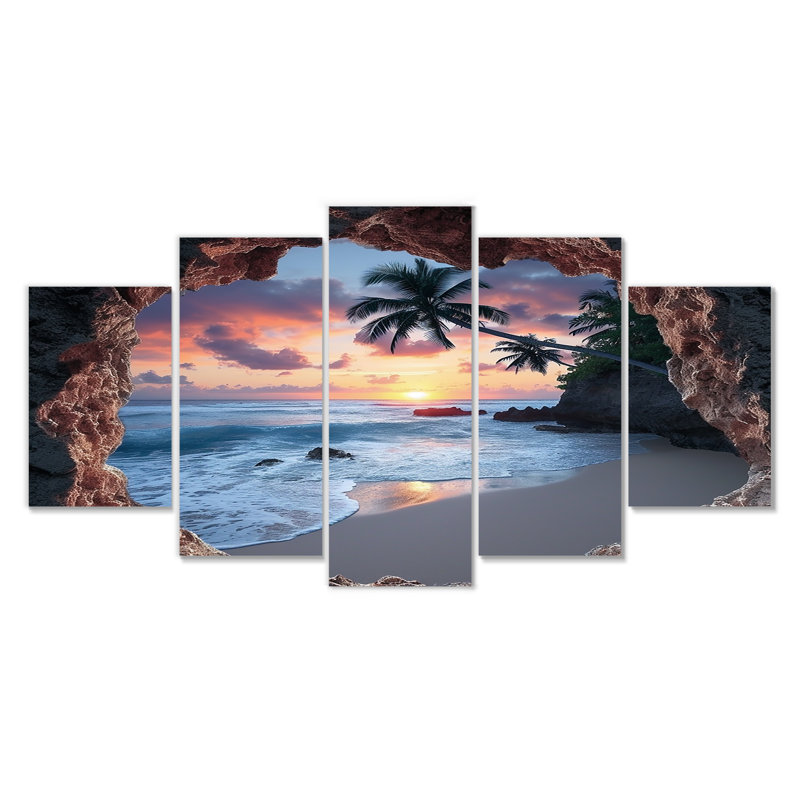 5 pièces d'art mural pour le salon «Sunset View Waves Breaking Tropical Paradise - Sunset»