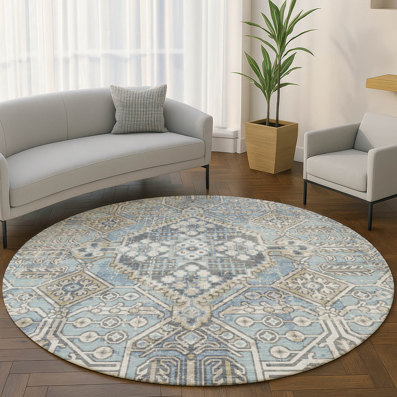 Premium Machine Washable Mayfield AMF2197 global Rug, Sky, 8' Round