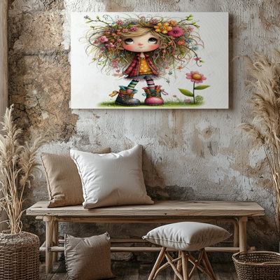 Whimsical Girl With Flower Crown Cute Kids Room Decor Canvas Wall Art Print For Living Room, Bedroom, Office, Hallway, Entryway, Gallery Wall And Modern Home Decor