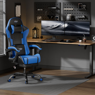 Adjustable Gaming Chair with Massage Lumbar Support, Swiveling PC & Racing Game Chair with Footrest & Headrest, Ergonomic PU Leather Computer Chair for Adults & Teens,Black and Blue