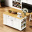 Ensemble d'îlot de cuisine 3 pièces 48,2 pouces avec 2 tabourets de bar, prise de courant, tablettes de rangement intégrées, plateau de table pliant, 5 roulettes, 5 tiroirs latéraux, blanc.