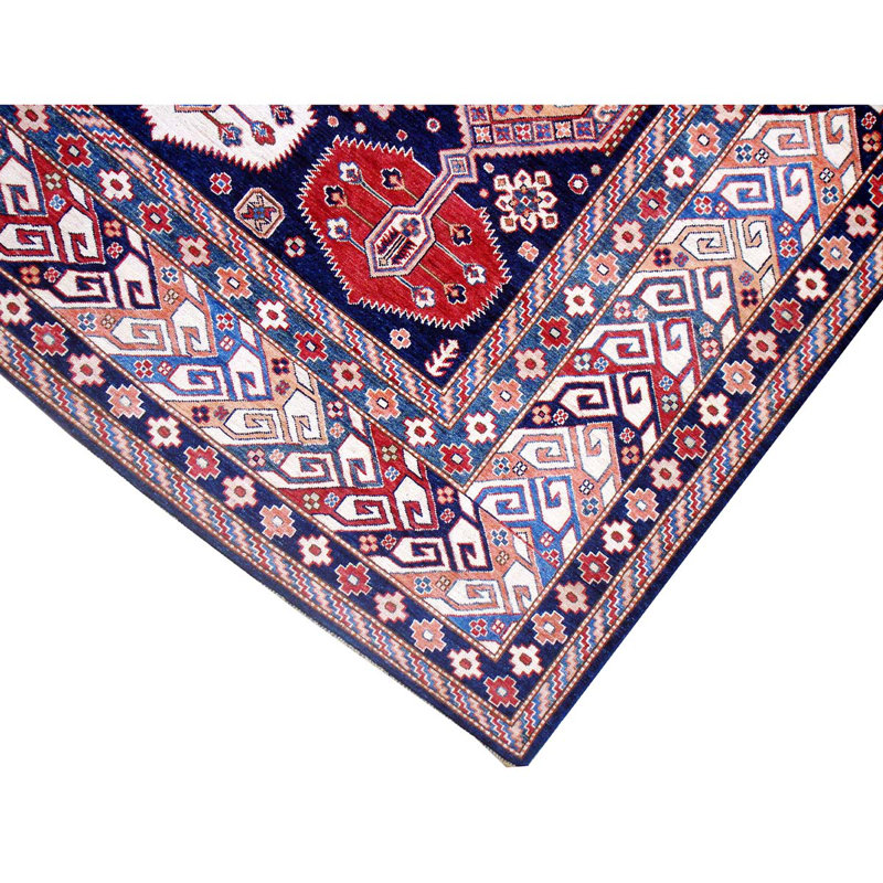 Tapis rouge / ivoire / bleu foncé / blanc de haute qualité noué à la main de conception unique
