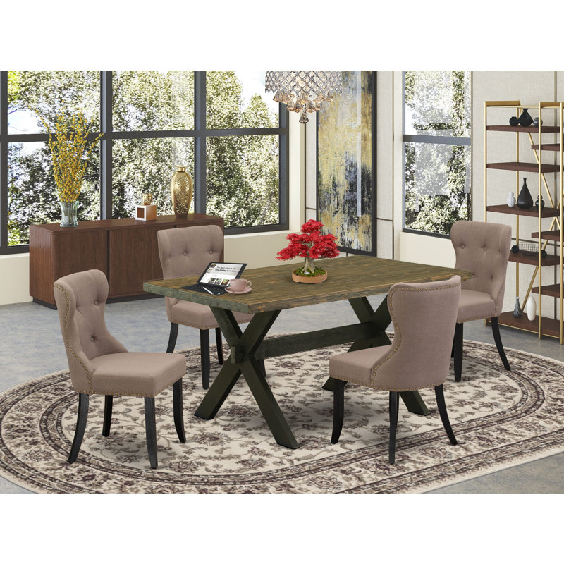L'ensemble de table de cuisine 5 pièces pour 4 personnes comprend une table de salle à manger rectangulaire avec pieds en X et 4 chaises rembourrées en tissu de lin, finition noire brossée