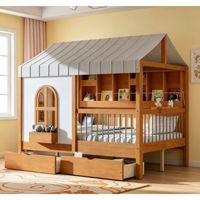 Full Size House Bed With 2 Large Drawers, Side Bookshelf, LED Strip, And High Guardrails For Kids' Safe And Comfortable Sleep