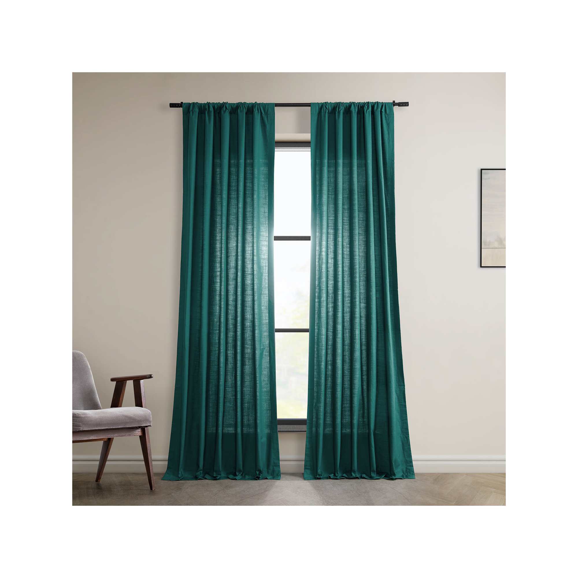 Richardson Semi Sheer 100% Cotton Curtain, Dark Teal Green, 50" W x 108" L