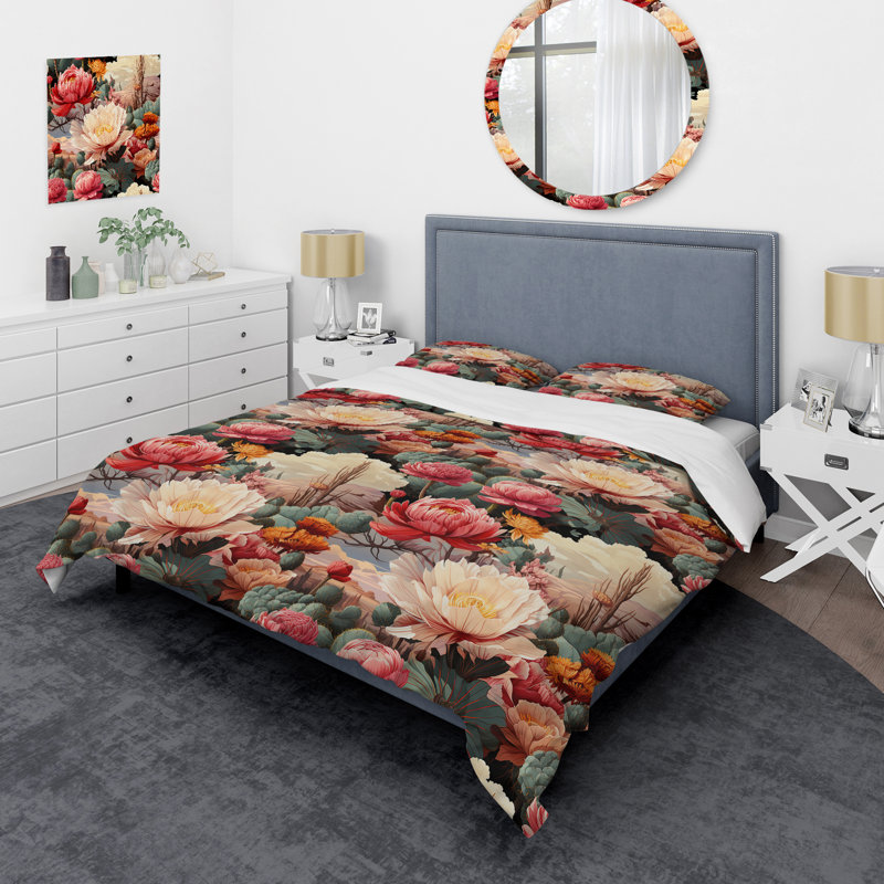 Multicolor Desert Bloom Floral Pattern Floral Duvet Cover, Twin Duvet Cover + 1 Standard Sham