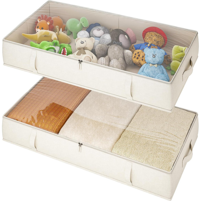 Under Bed Storage Containers, Underbed Storage Bins With 6 Inches Tall, Clothes Storage Box With Sturdy Handles And Sidewalls, Beige, 2-Pack