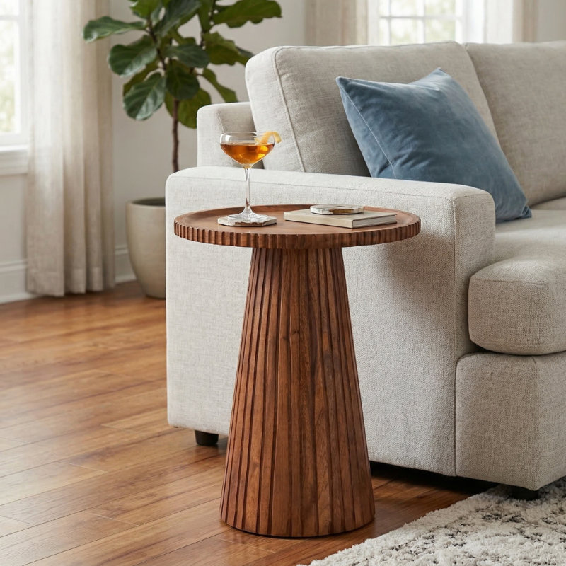  Table d'appoint en bois sculpté - Bois massif, finition naturelle et noire, Bois naturel