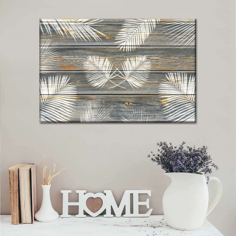 Feuilles de palmier en bois sur toile, H 8 po x l 12 po x P 1 po