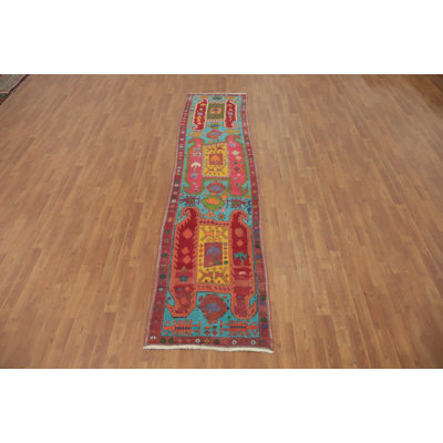 Geometric Blue Traditional Runner Rug 3x11