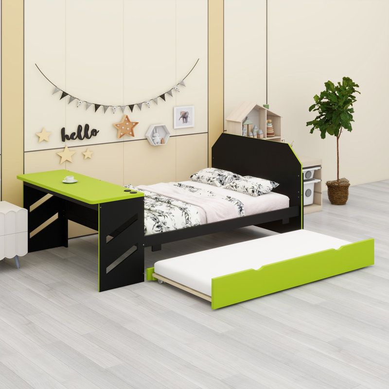 Lit de jour en bois avec couchette, bureau et port USB, Vert