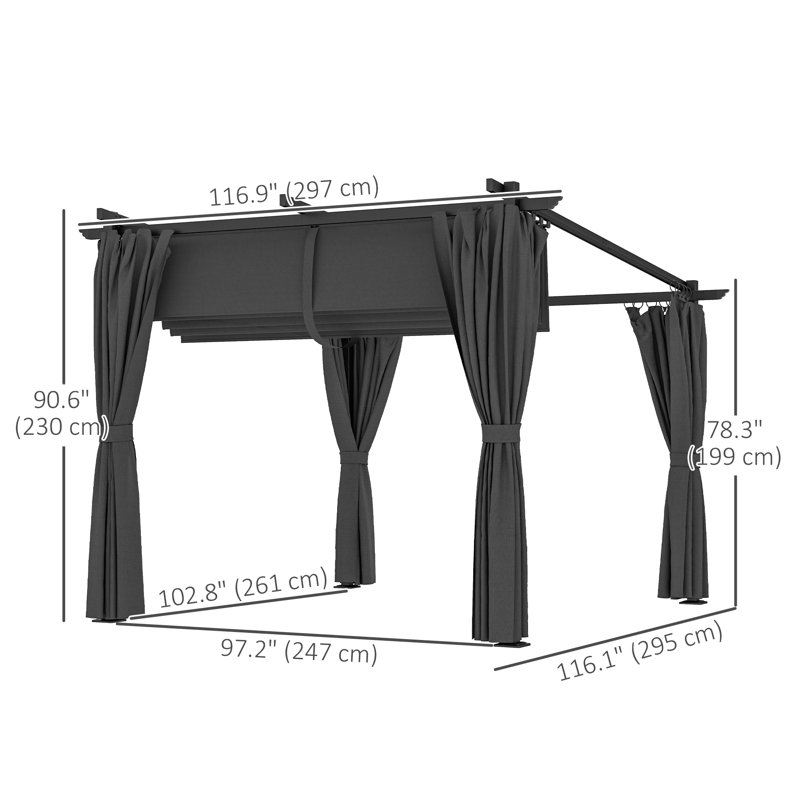 Pergola en métal 8 po x 8,5 po avec auvent rétractable et parois latérales, 90.6" H x 116.9" W x 116.1" D, Noir