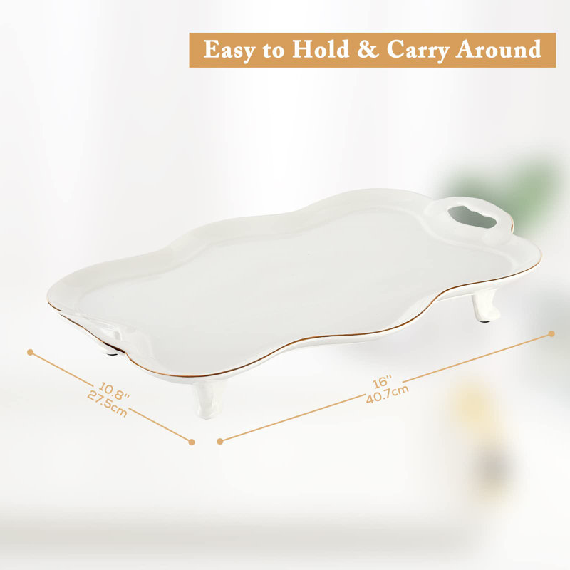 White Porcelain Serving Tray with Gold Rim and Handles