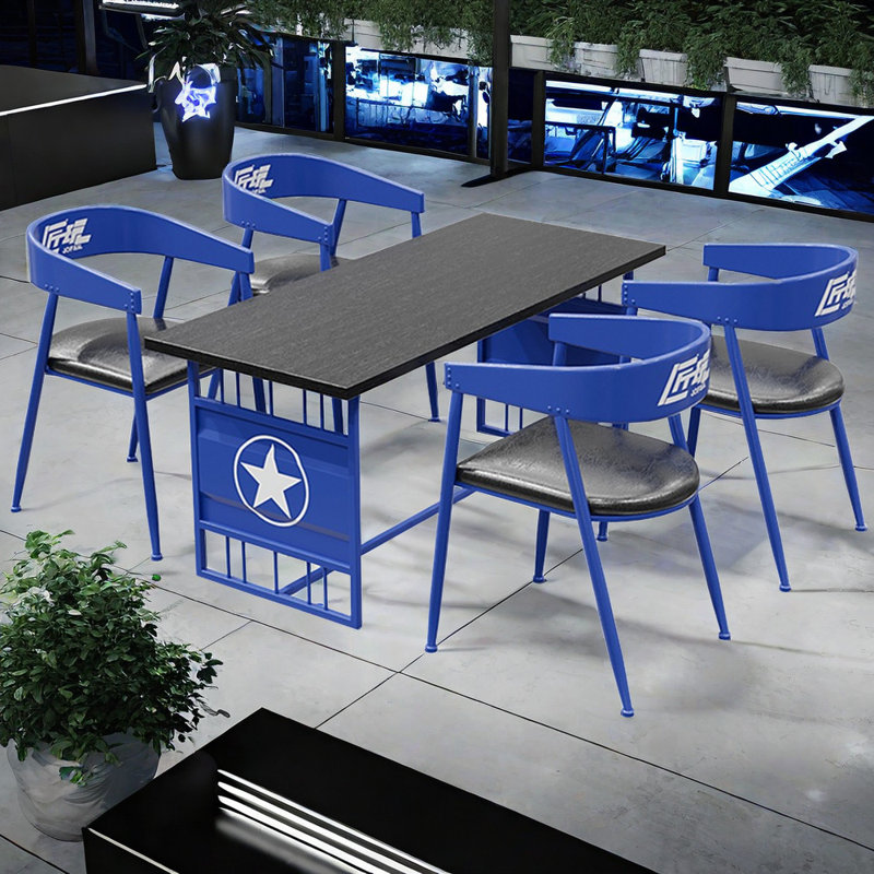 Table et chaises créatives de style industriel, 5, Plateau noir / base bleue, Bleu et noir