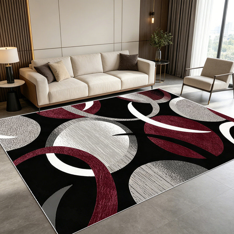 1PC Modern Abstract Burgundy Grey Black White Circle Ring Pattern area rugs for Living Room, Soft and Comfortable, machine washable Indoor floor mat, Under Table Farmhouse suitable for Dining Room, Bedroom, Entryway, Kitchen, Home Office.