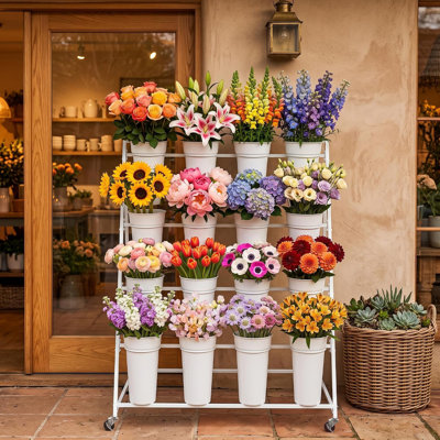 Flower Display Stand with 16 Buckets,Flower Cart with Wheels | 3 Tier Metal Flower Bar Stand Moving Florist Bouquet Shelf for Weddings Party Indoor