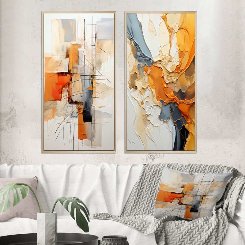 " Orange Grey Line Art Abstract Expressionism " 2 - Pieces, Brown Framed, 40" H x 40" W