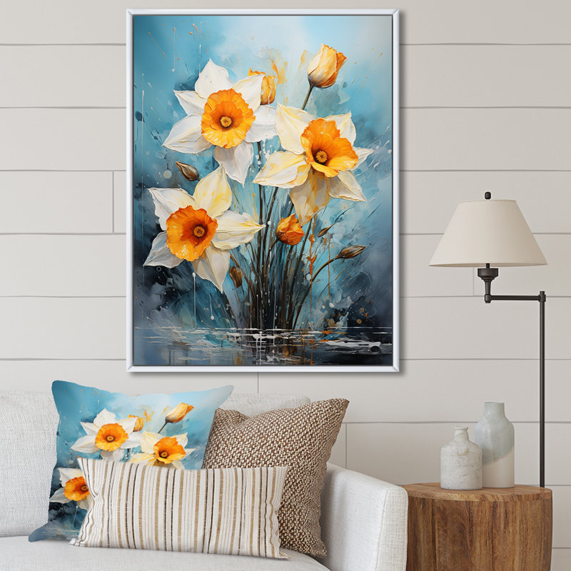 «Daffodil Bloom Sunshine III», reproduction sur toile, H 32 po x l 24 po x P 1 po, Cadre flottant blanc