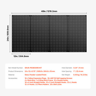Panneaux perforés métalliques, 61 x 30 cm, 4 panneaux, organisateur mural robuste avec accessoires, noir