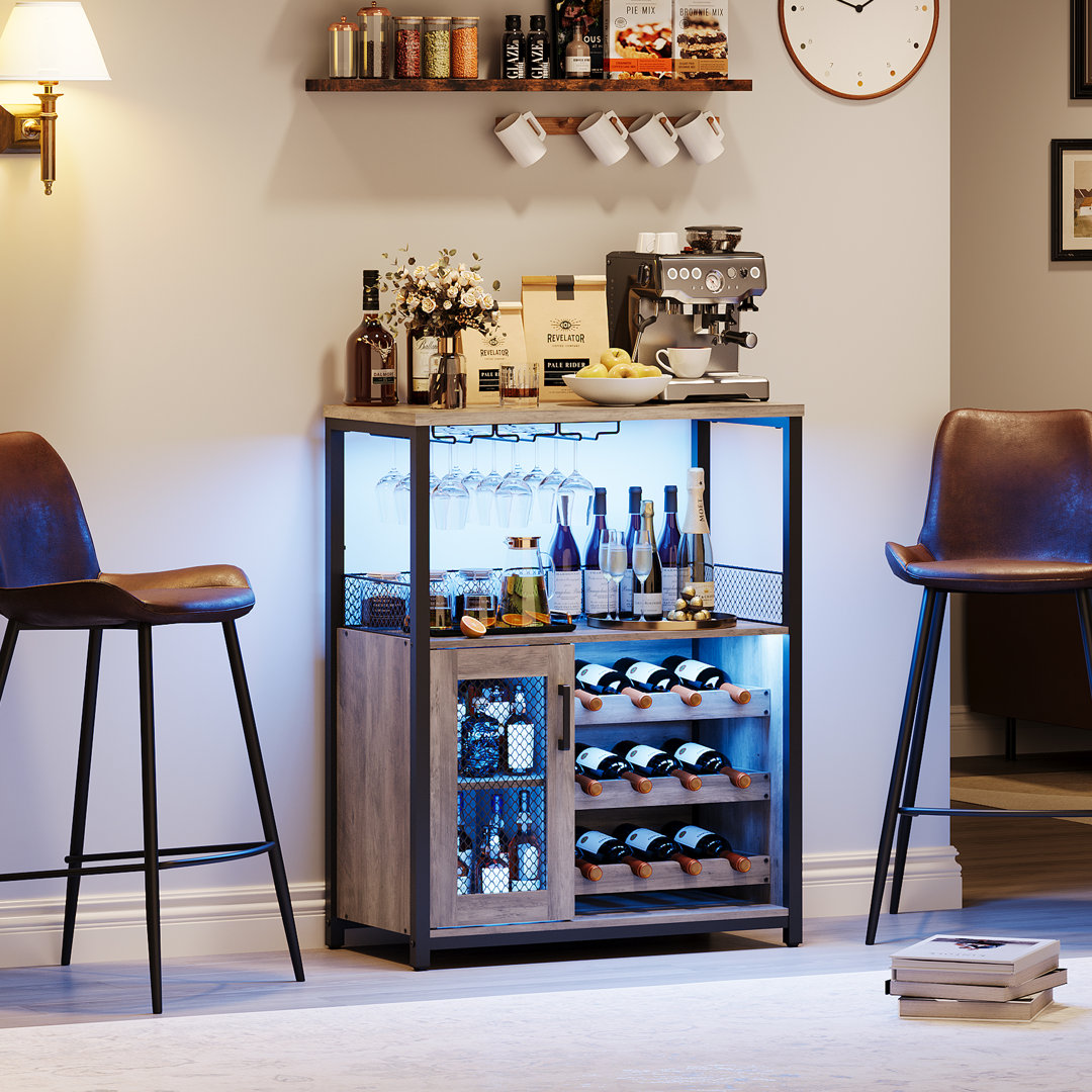 3-tier Wine Bar Cabinet With Led Lights For Kitchen, Living Room And Bar Wrought Studio™ 